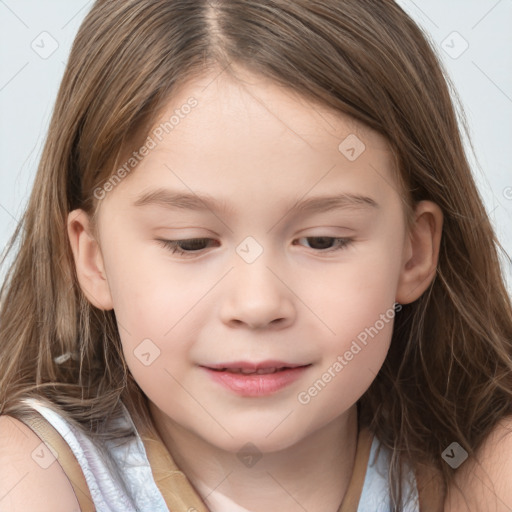 Joyful white child female with long  brown hair and brown eyes