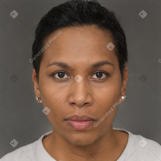 Neutral black young-adult female with short  black hair and brown eyes