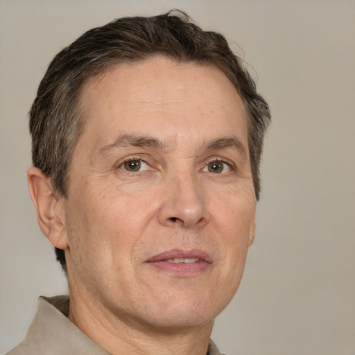 Neutral white middle-aged male with short  brown hair and brown eyes