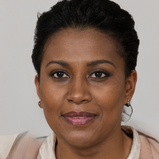 Joyful black adult female with short  brown hair and brown eyes