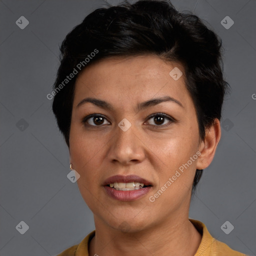Joyful white adult female with short  brown hair and brown eyes