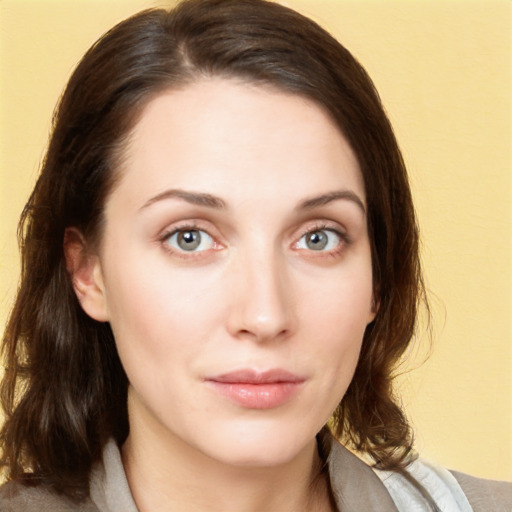 Neutral white young-adult female with medium  brown hair and blue eyes