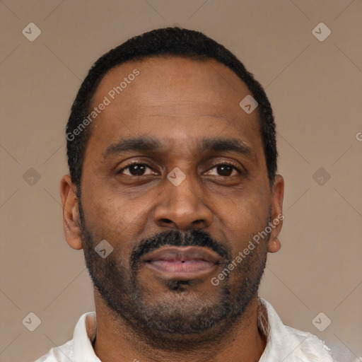 Neutral latino adult male with short  black hair and brown eyes