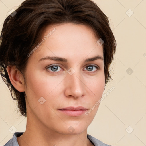 Neutral white young-adult female with short  brown hair and brown eyes