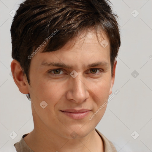 Joyful white adult male with short  brown hair and brown eyes