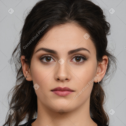 Neutral white young-adult female with medium  brown hair and brown eyes