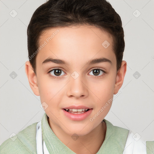 Joyful white child female with short  brown hair and brown eyes