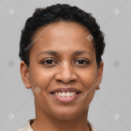 Joyful latino young-adult female with short  brown hair and brown eyes