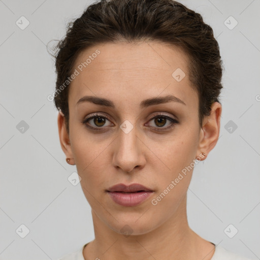 Neutral white young-adult female with short  brown hair and brown eyes