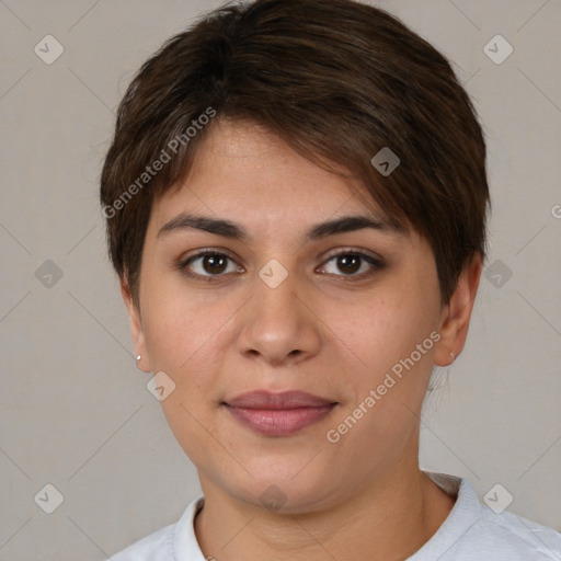 Joyful white young-adult female with short  brown hair and brown eyes