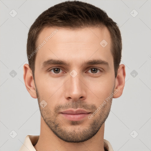 Neutral white young-adult male with short  brown hair and brown eyes