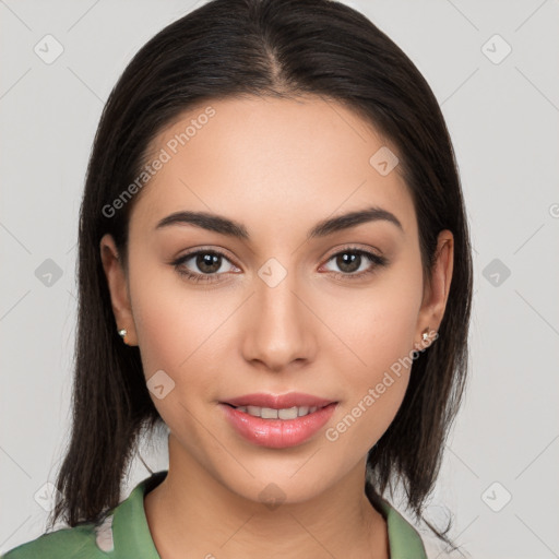 Joyful white young-adult female with medium  brown hair and brown eyes