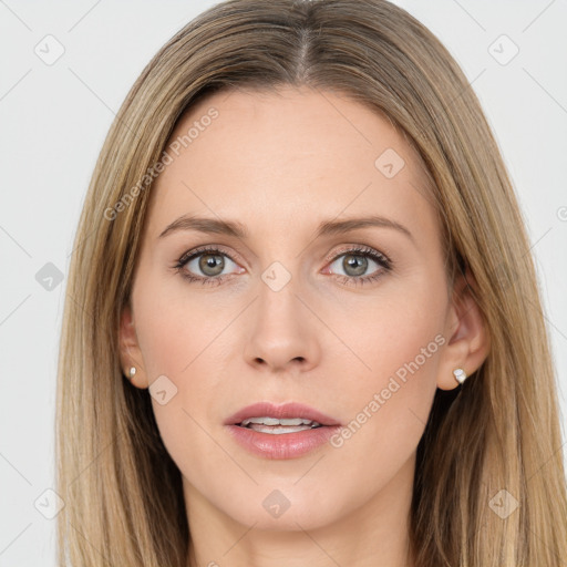 Joyful white young-adult female with long  brown hair and grey eyes