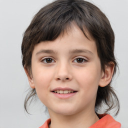 Joyful white child female with medium  brown hair and brown eyes