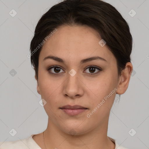 Neutral white young-adult female with short  brown hair and brown eyes