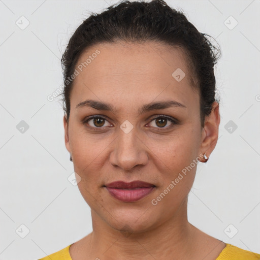 Joyful white young-adult female with short  brown hair and brown eyes