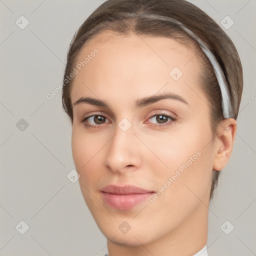 Neutral white young-adult female with short  brown hair and brown eyes