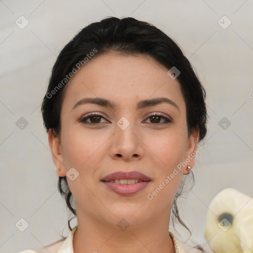 Joyful asian young-adult female with medium  brown hair and brown eyes