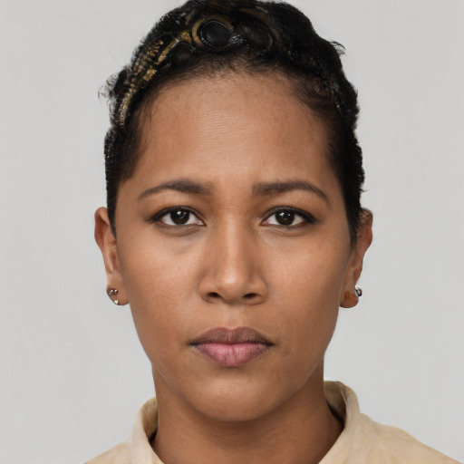 Neutral latino young-adult female with short  brown hair and brown eyes