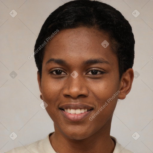 Joyful latino young-adult female with short  black hair and brown eyes