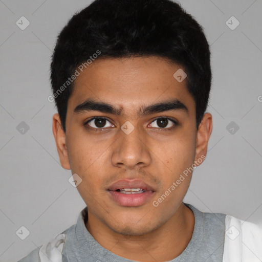 Neutral latino young-adult male with short  black hair and brown eyes