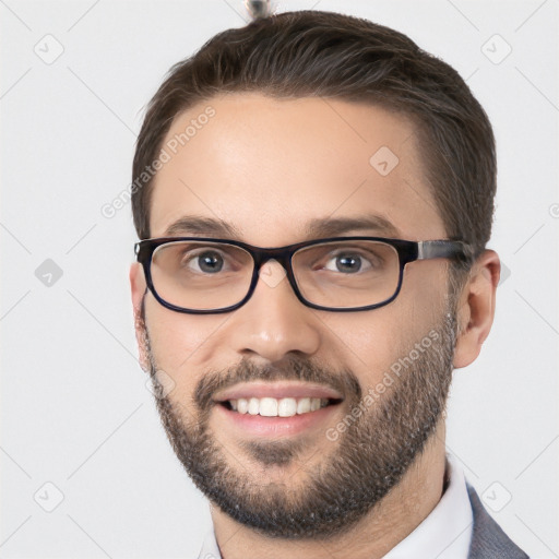 Joyful white young-adult male with short  brown hair and brown eyes