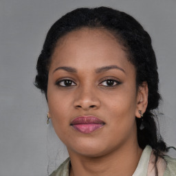 Joyful black young-adult female with long  black hair and brown eyes
