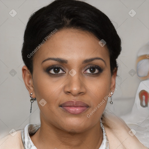 Joyful latino young-adult female with short  brown hair and brown eyes