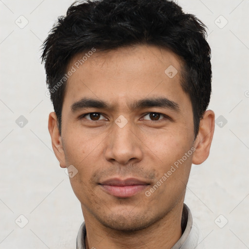 Neutral asian young-adult male with short  black hair and brown eyes