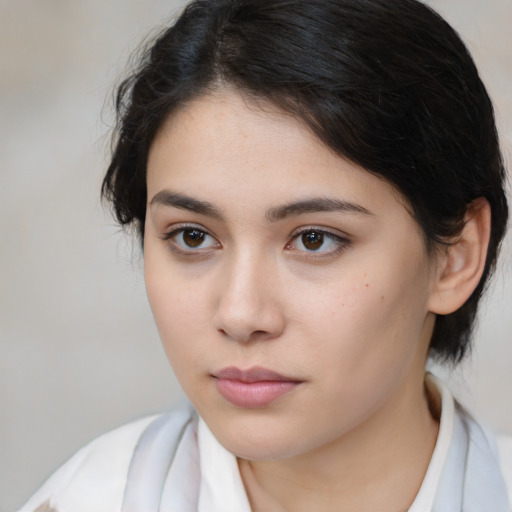 Neutral asian young-adult female with medium  brown hair and brown eyes