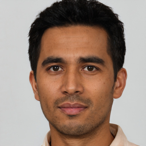 Neutral latino young-adult male with short  black hair and brown eyes