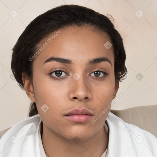 Neutral white young-adult female with medium  brown hair and brown eyes