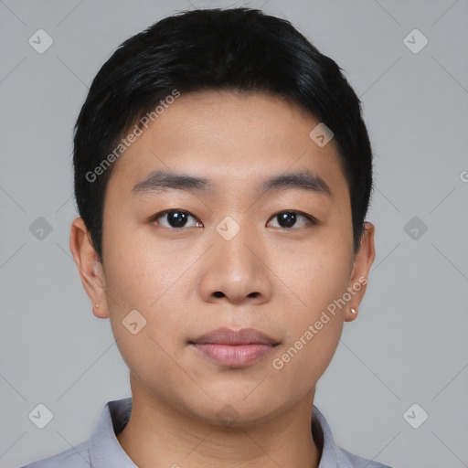 Neutral asian young-adult male with short  black hair and brown eyes