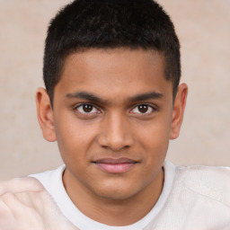 Joyful latino young-adult male with short  brown hair and brown eyes