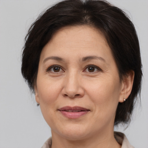 Joyful white adult female with medium  brown hair and brown eyes