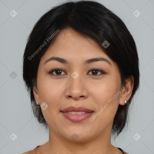 Joyful asian young-adult female with medium  brown hair and brown eyes