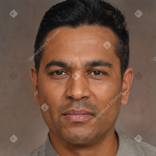 Neutral latino adult male with short  black hair and brown eyes