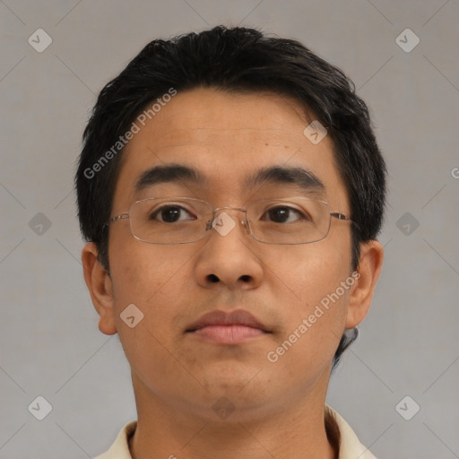 Neutral asian young-adult male with short  brown hair and brown eyes