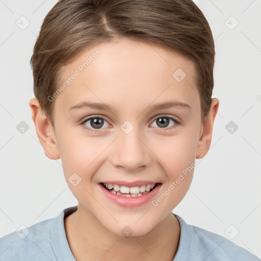 Joyful white child female with short  brown hair and brown eyes