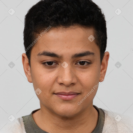 Joyful latino young-adult male with short  brown hair and brown eyes