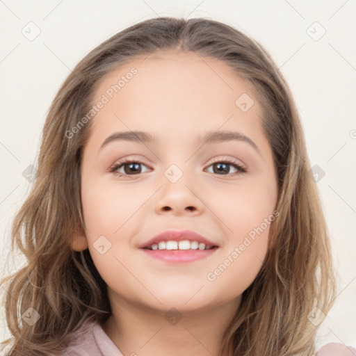 Joyful white child female with medium  brown hair and brown eyes