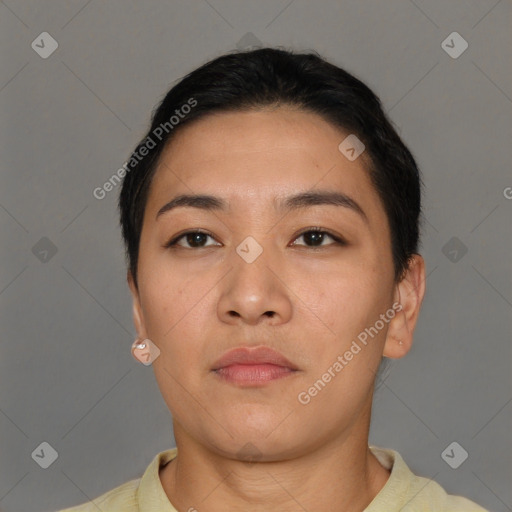 Neutral asian young-adult female with short  brown hair and brown eyes