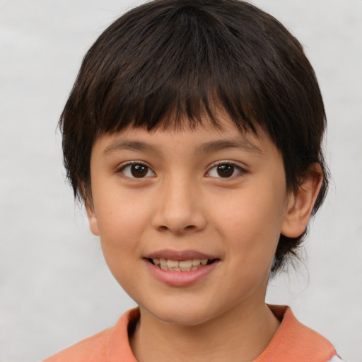 Joyful white child female with medium  brown hair and brown eyes