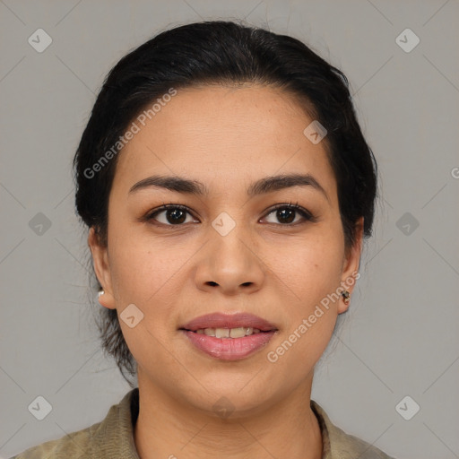 Joyful asian young-adult female with medium  brown hair and brown eyes