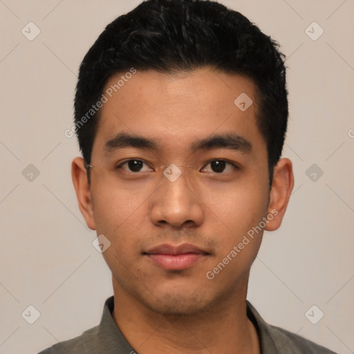 Neutral asian young-adult male with short  black hair and brown eyes