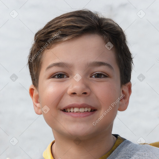 Joyful white child male with short  brown hair and brown eyes