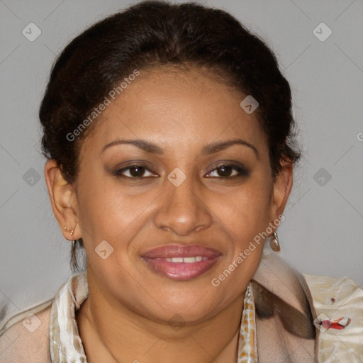 Joyful latino adult female with short  brown hair and brown eyes