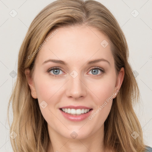 Joyful white young-adult female with long  brown hair and blue eyes