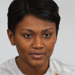 Joyful black young-adult female with short  brown hair and brown eyes