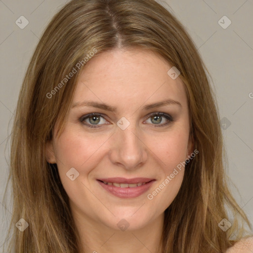 Joyful white young-adult female with long  brown hair and green eyes